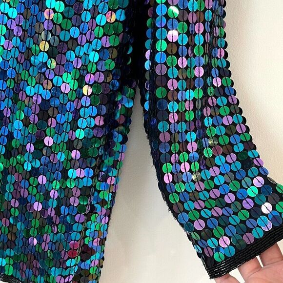 VTG Oleg Cassini All Over Sequin Silk Jacket Glam Evening Colorful Oversized M - Picture 9 of 15